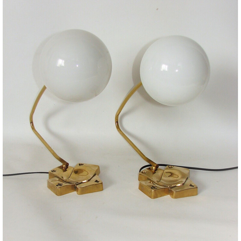 Paar vintage modernistische lampen van messing en glas, 1960