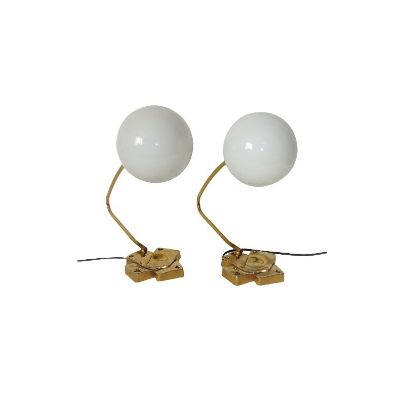 Pair of modernist vintage brass and glass lamps, 1960s