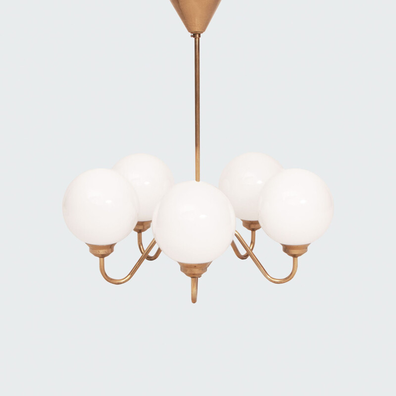 Mid-century chandelier with 5 arms and spherical glass shade