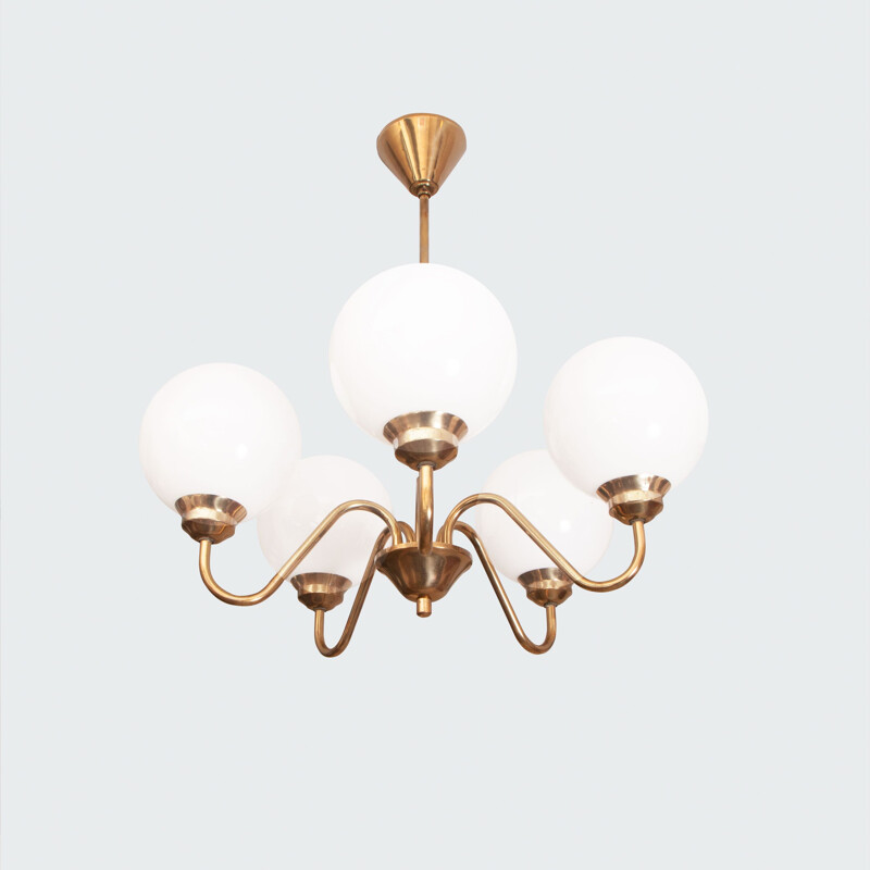 Mid-century chandelier with 5 arms and spherical glass shade