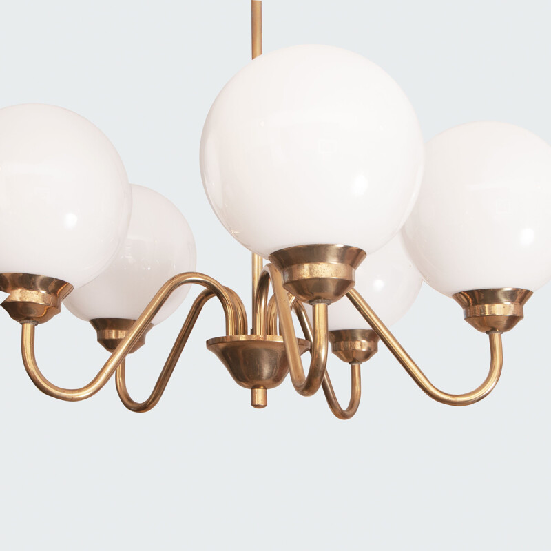 Mid-century chandelier with 5 arms and spherical glass shade