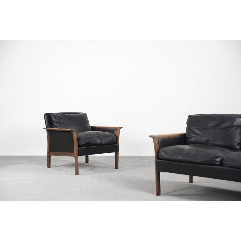 Pair of vintage leather 3-seater sofa and chair from Bröderna Andersson, 1960s