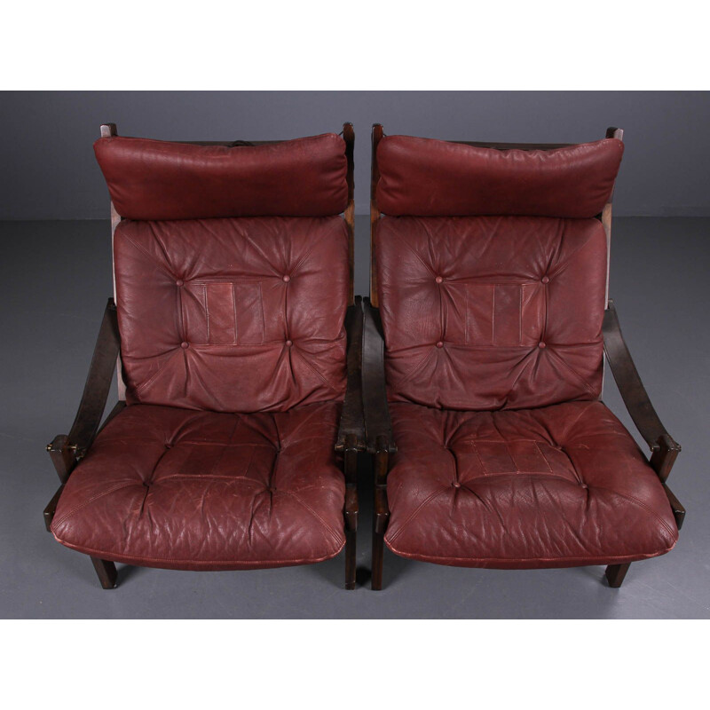 Pair of brown leather lounge chairs by Thorbjorn Afdal for Bruksbo, 1960s