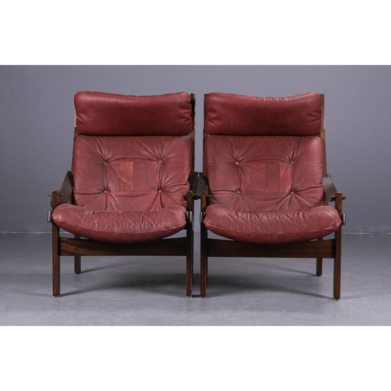 Paire de chaises lounge vintage en cuir brun par Thorbjorn Afdal pour Bruksbo, 1960