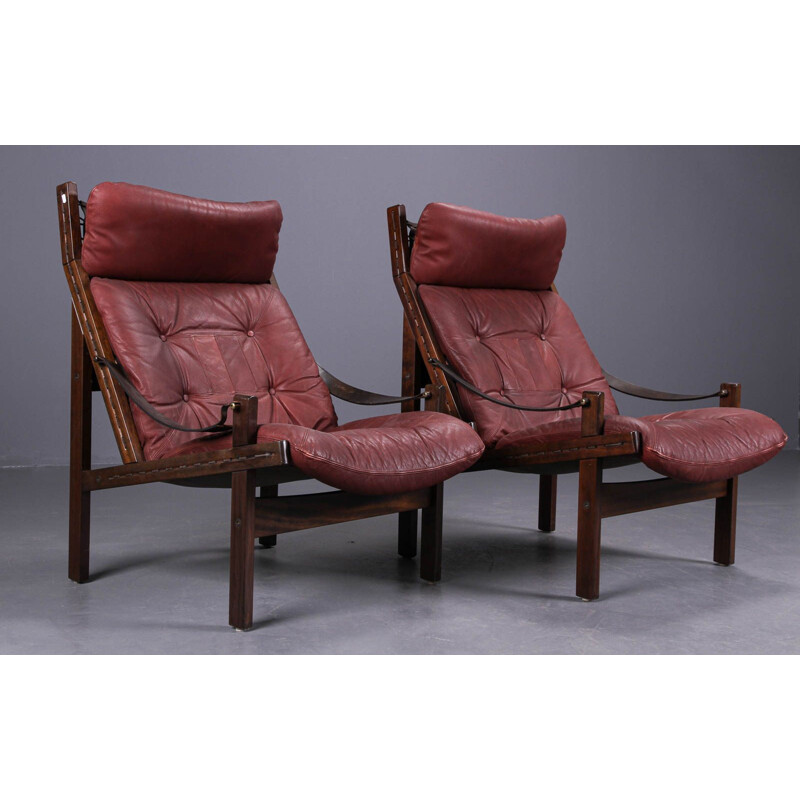 Par de cadeiras de couro castanho vintage lounge por Thorbjorn Afdal para Bruksbo, 1960