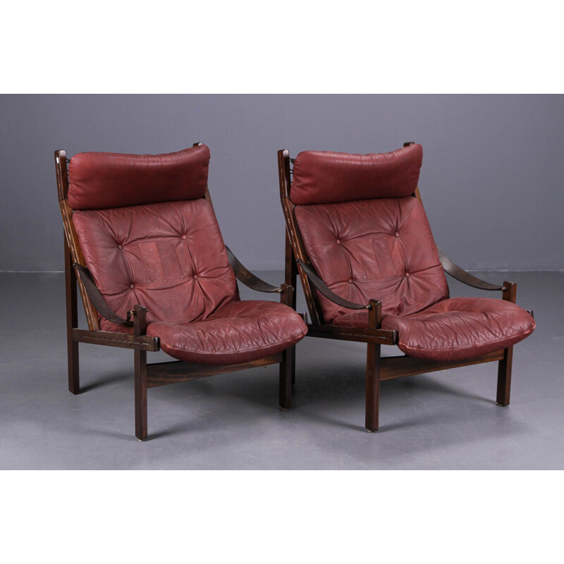 Pair of brown leather lounge chairs by Thorbjorn Afdal for Bruksbo, 1960s