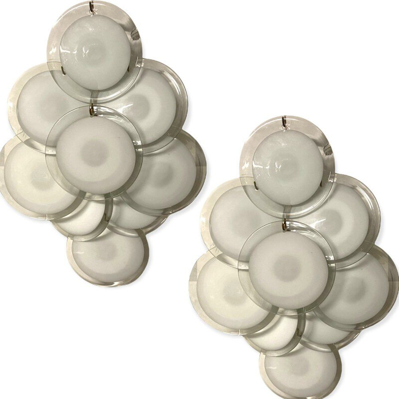 Pair of vintage italian white murano glass disc sconces wall lights