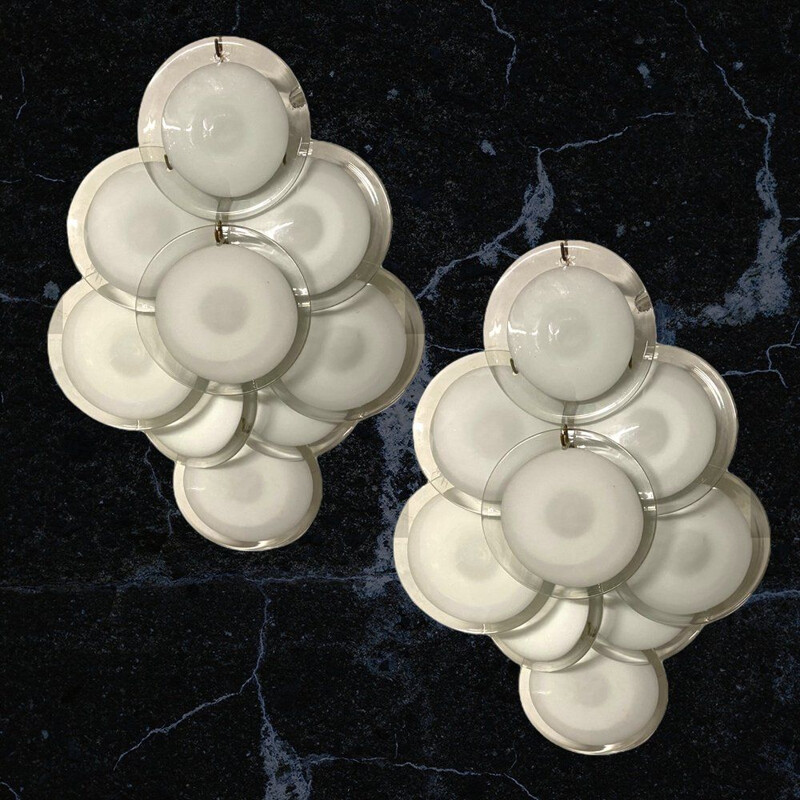 Pair of vintage italian white murano glass disc sconces wall lights