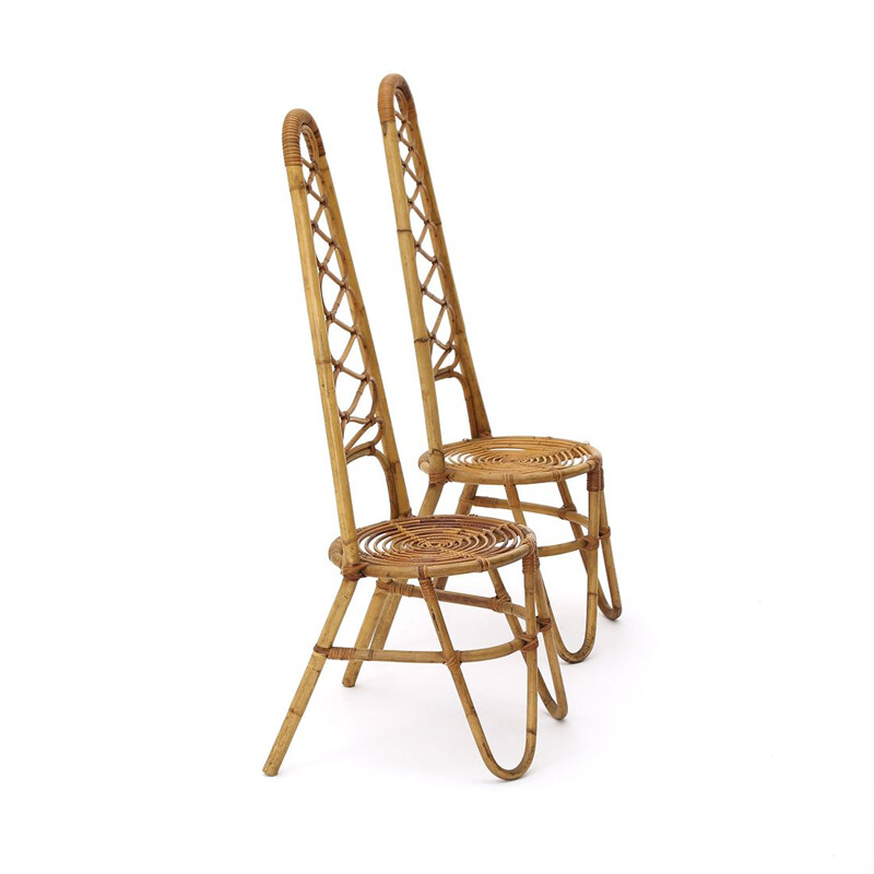 Paar vintage geweven rotan stoelen, 1950