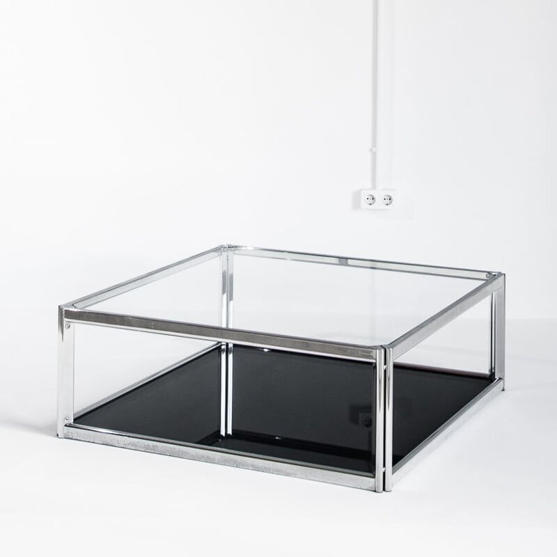 Vintage chrome-plated metal and glass coffee table, France 1980