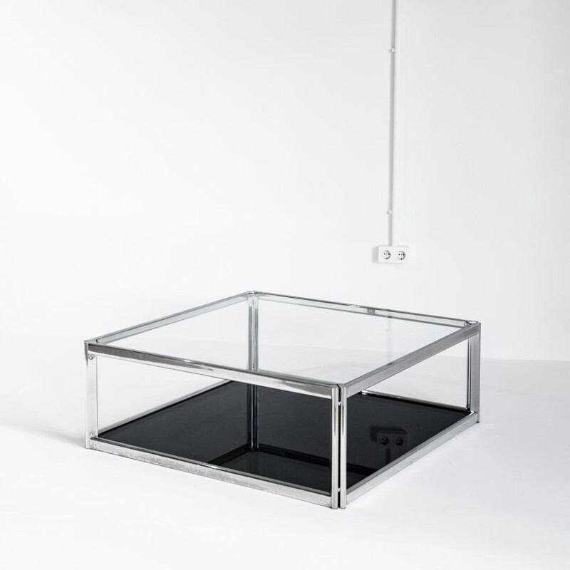 Vintage chrome-plated metal and glass coffee table, France 1980