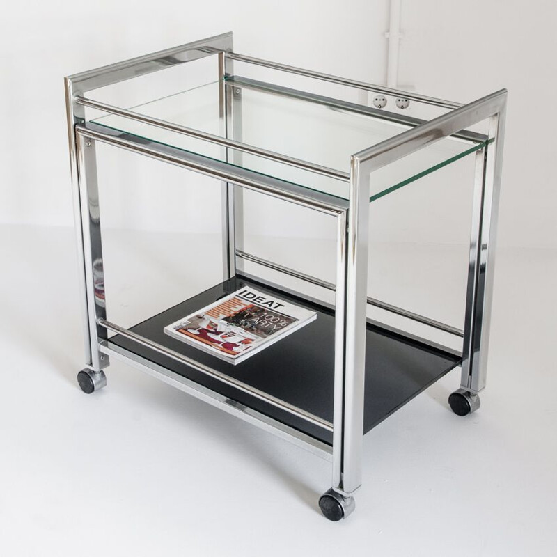 Vintage chrome-plated metal and glass trolley, France 1980