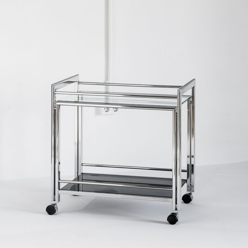 Vintage chrome-plated metal and glass trolley, France 1980