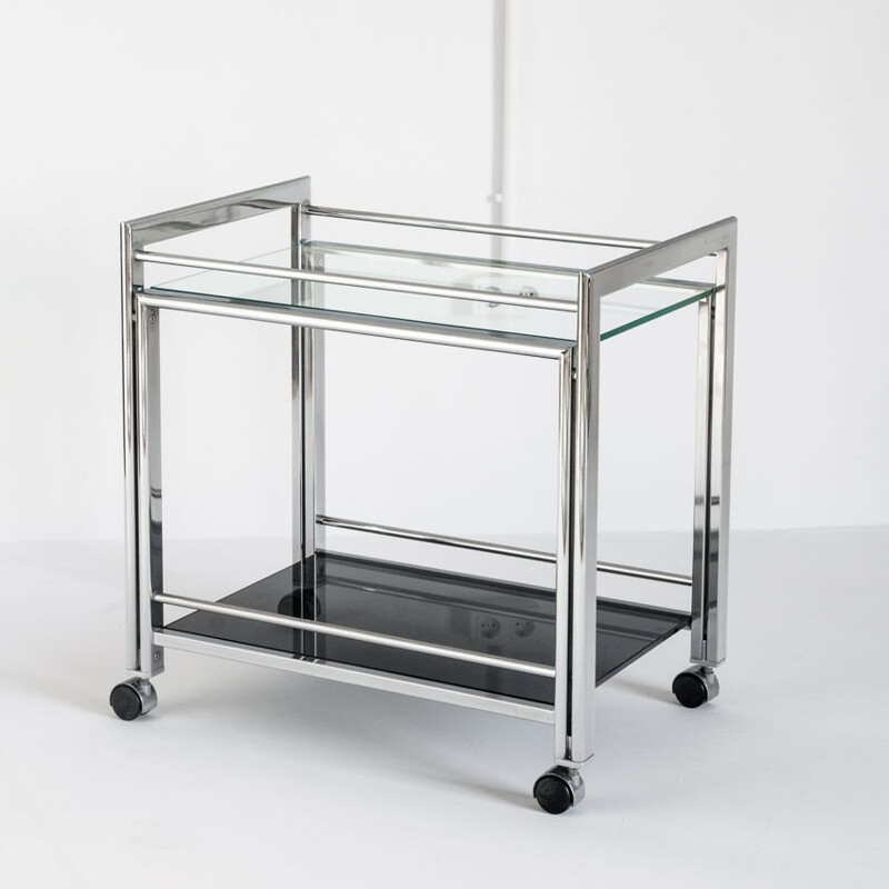 Vintage chrome-plated metal and glass trolley, France 1980