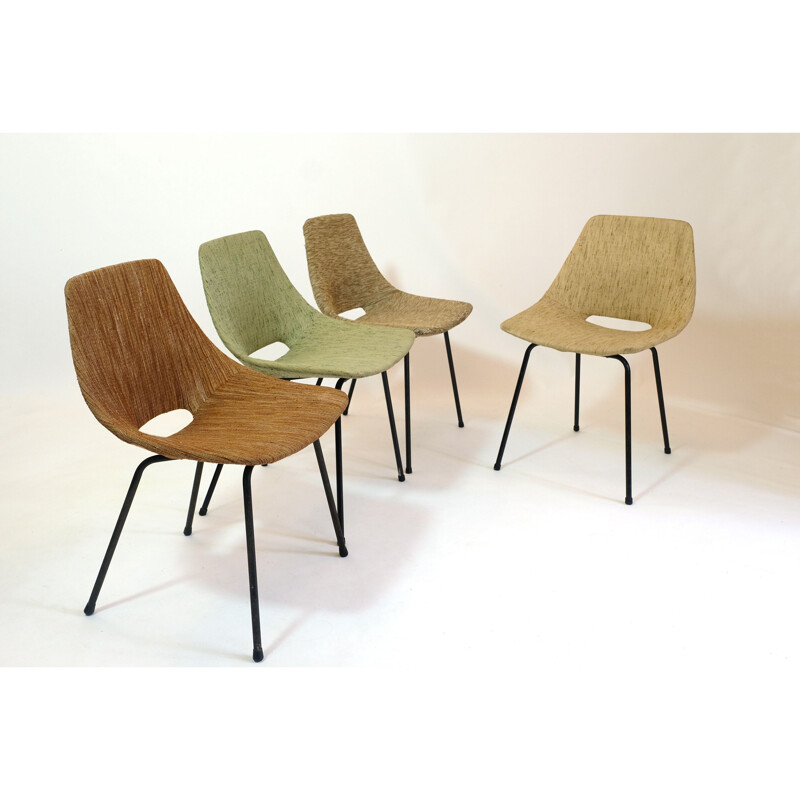Set of 4 Tonneau chairs upholstered in fabric by Pierre Guariche for Steiner, 1950
