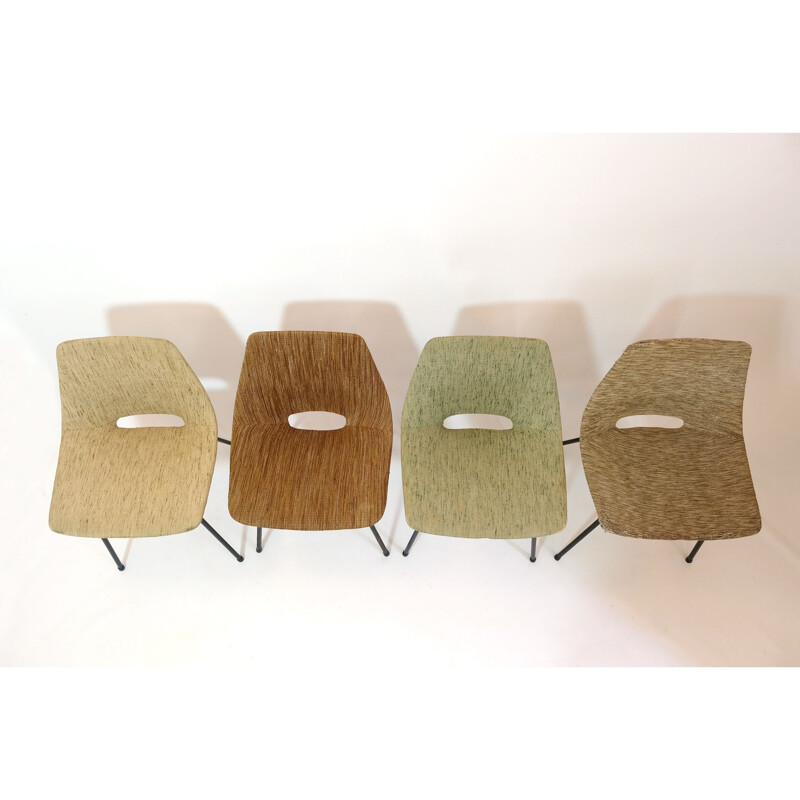 Set of 4 Tonneau chairs upholstered in fabric by Pierre Guariche for Steiner, 1950