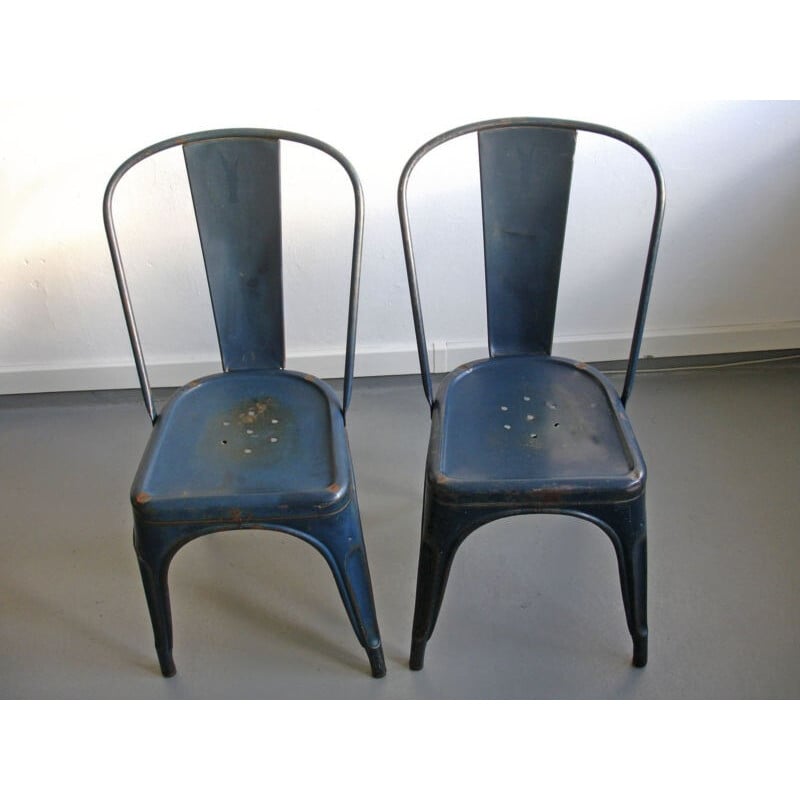 Ensemble de 4 chaises en métal bleu Tolix, Xavier PAUCHARD - 1940