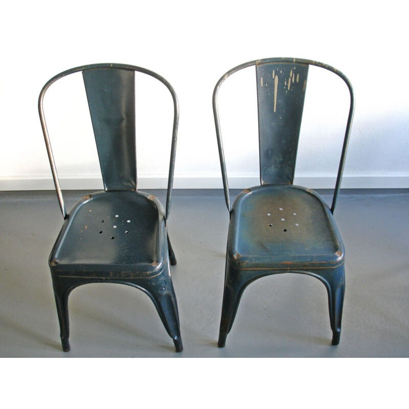 4 blue iron chairs TOLIX, Xavier PAUCHARD - 1940s