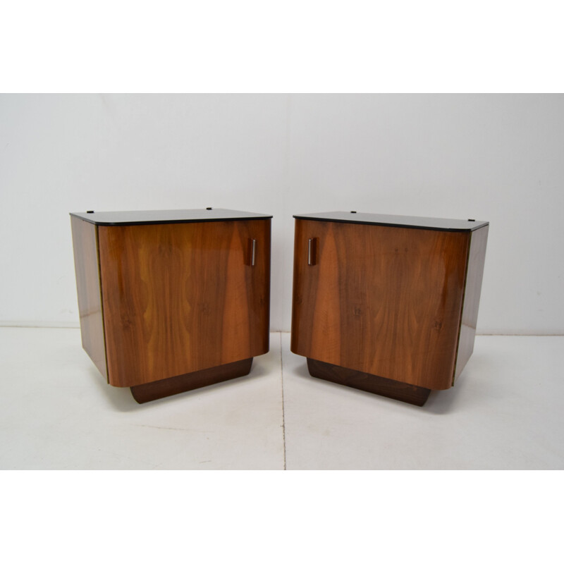 Pair of vintage wood and glass bedside tables by Jindrich Halabala, Czech 1950