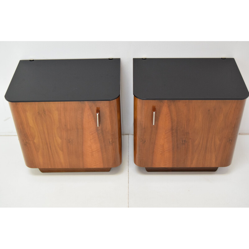 Pair of vintage wood and glass bedside tables by Jindrich Halabala, Czech 1950