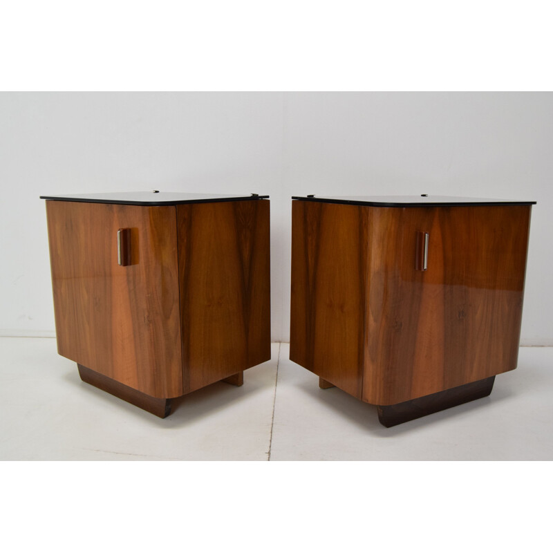 Pair of vintage wood and glass bedside tables by Jindrich Halabala, Czech 1950