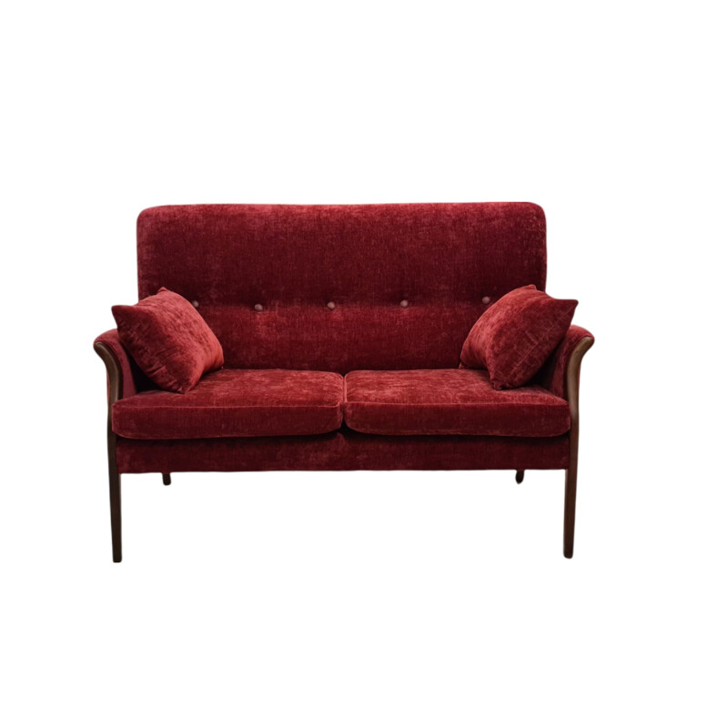 Vintage Danish sofa in cherry-red velor, 1970s