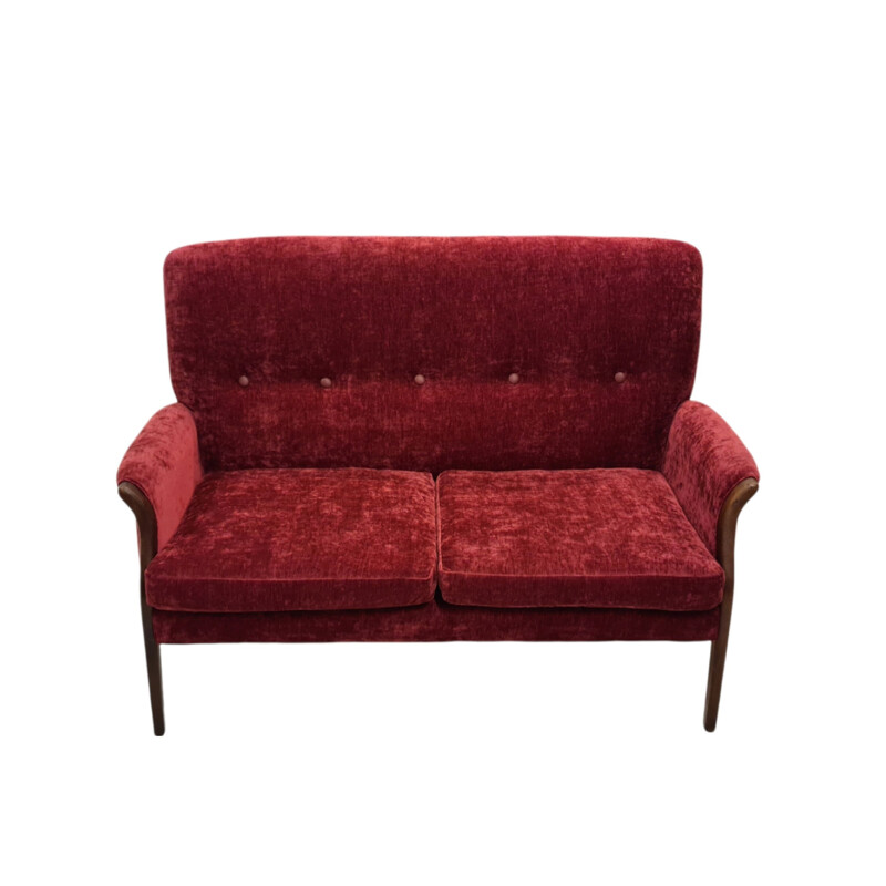 Vintage Danish sofa in cherry-red velor, 1970s
