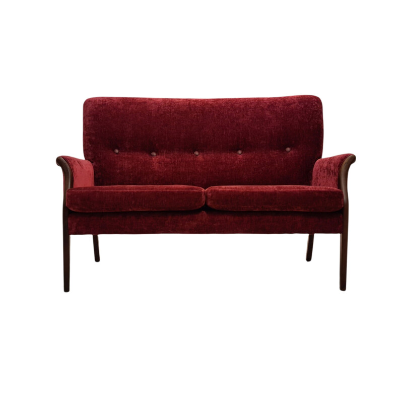 Vintage Danish sofa in cherry-red velor, 1970s