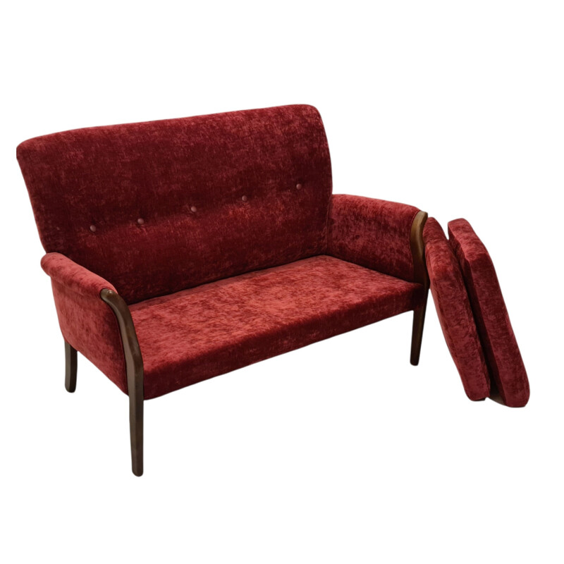 Vintage Danish sofa in cherry-red velor, 1970s