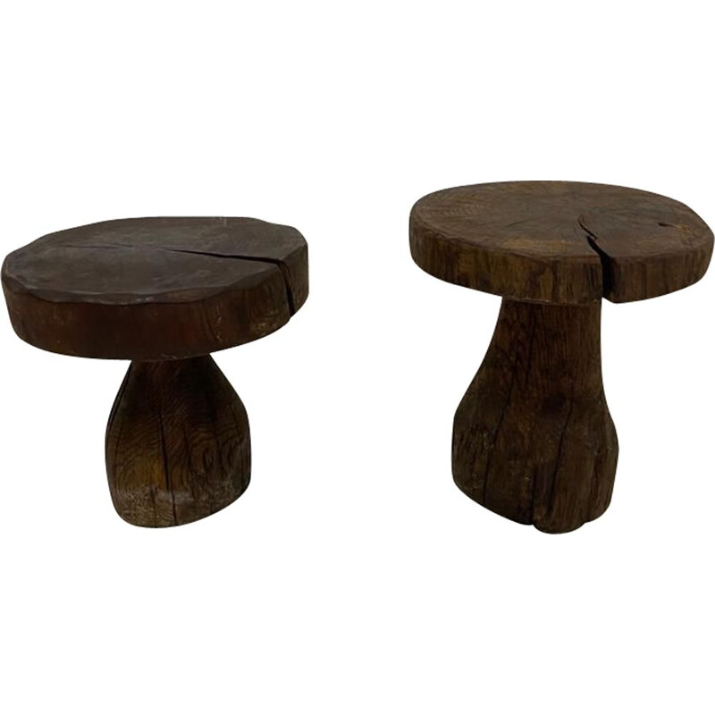 Pair of vintage brutalist wooden stools