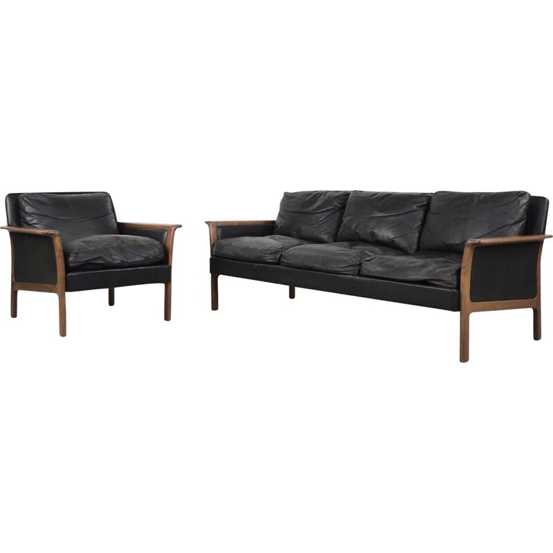 Pair of vintage leather 3-seater sofa and chair from Bröderna Andersson, 1960s
