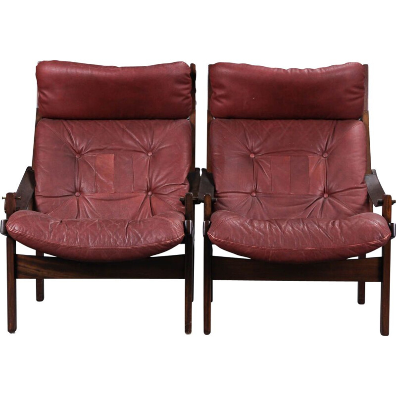 Paar vintage bruin lederen lounge stoelen van Thorbjorn Afdal voor Bruksbo, 1960