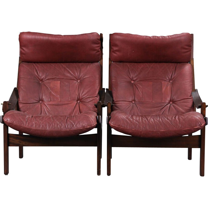 Pareja de sillones vintage de cuero marrón de Thorbjorn Afdal para Bruksbo, 1960