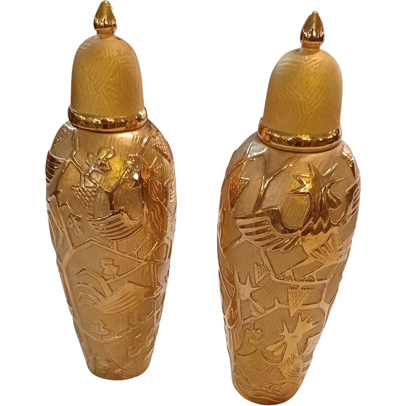 Pair of gilded porcelain vintage bottles with birds, Italy 1970s