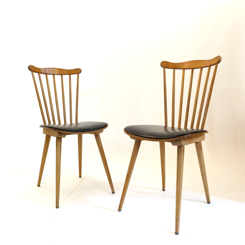 Pair of vintage beech and black leatherette chairs "Menuet" by Baumann, 1960