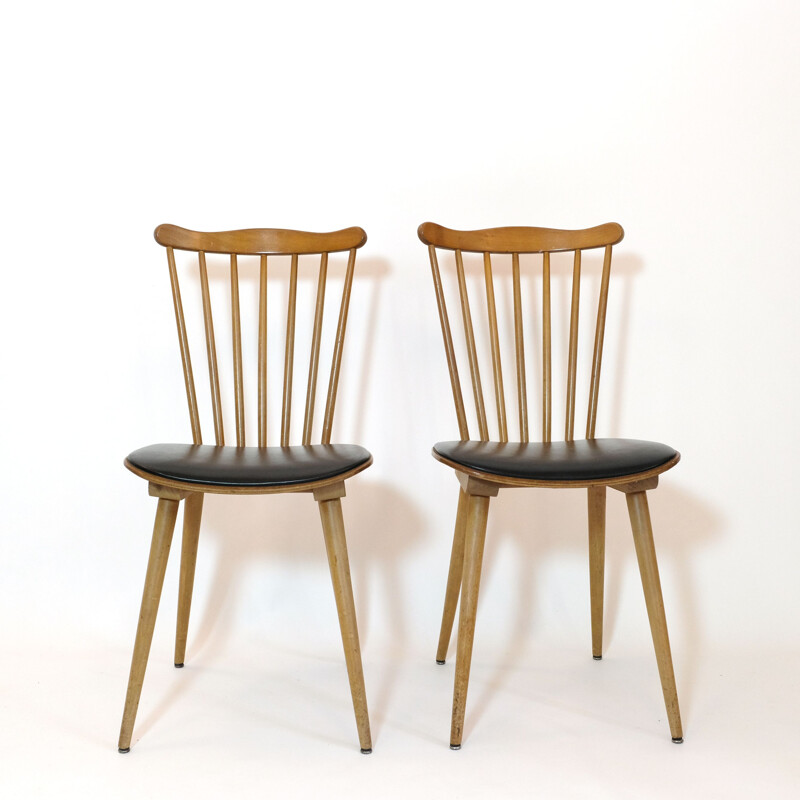 Pair of vintage beech and black leatherette chairs "Menuet" by Baumann, 1960