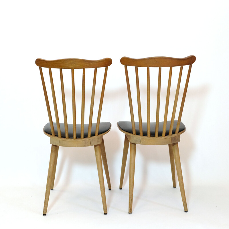 Paar Vintage-Stühle aus Buche und schwarzem Kunstleder "Menuet" von Baumann, 1960