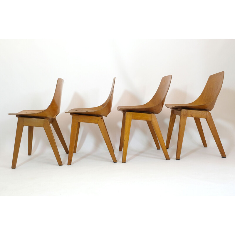 Set of 4 vintage barrel chairs by Pierre Guariche for Steiner, 1950