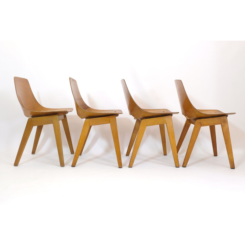 Set of 4 vintage barrel chairs by Pierre Guariche for Steiner, 1950