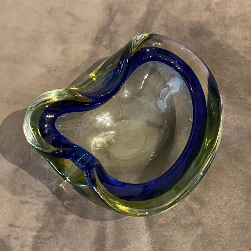 Cenicero vintage de cristal de Murano Sommerso azul y verde de Flavio Poli, 1970