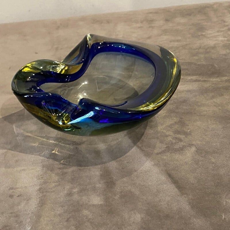 Cenicero vintage de cristal de Murano Sommerso azul y verde de Flavio Poli, 1970