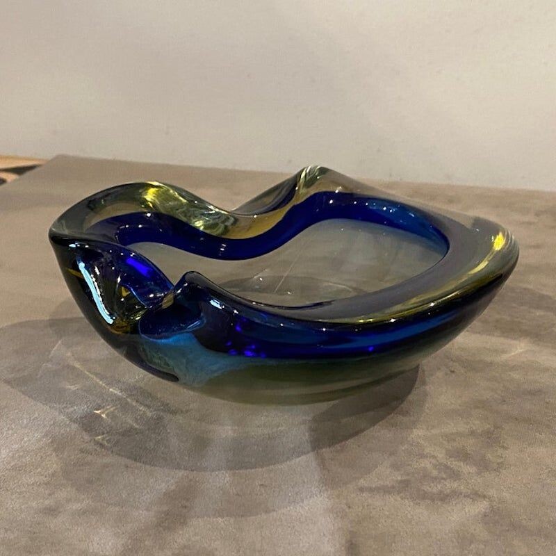 Cenicero vintage de cristal de Murano Sommerso azul y verde de Flavio Poli, 1970