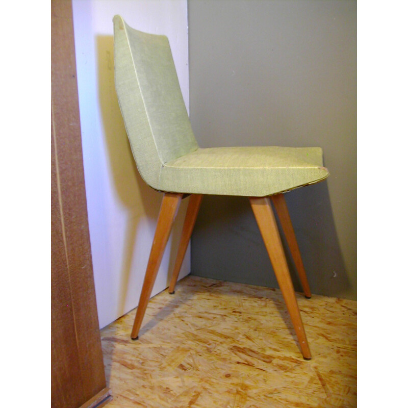Suite de 5 chaises et 2 fauteuils en tissu et bois - 1950
