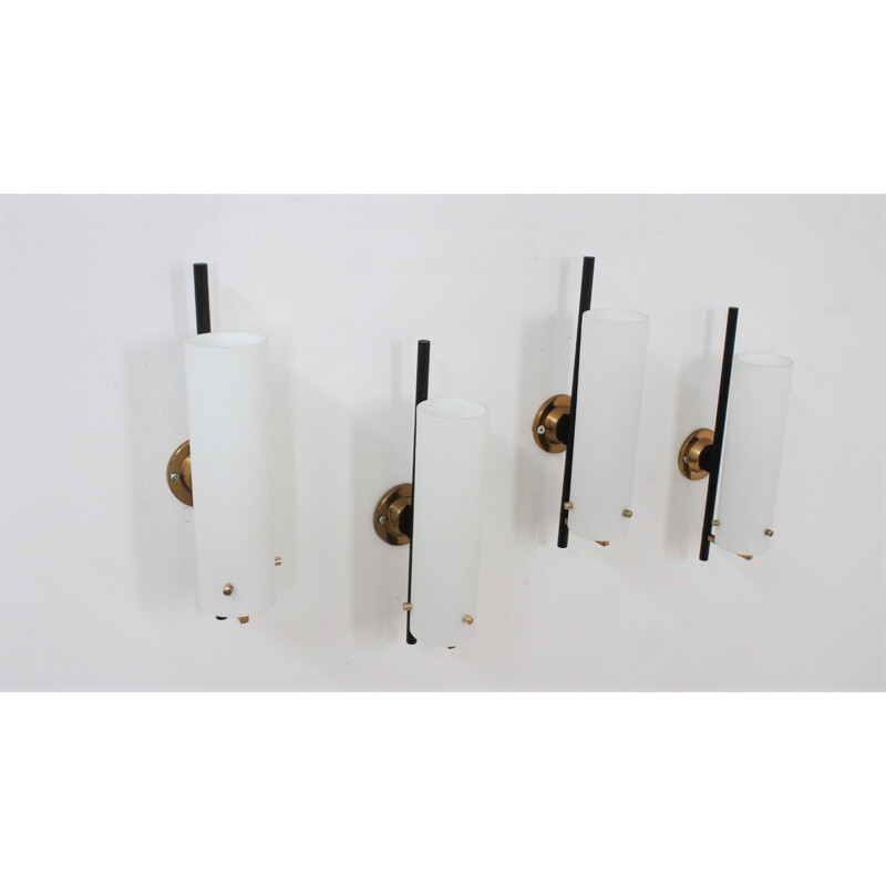 Set of 4 mid century Stilnovo opaline glass tube wall lamps