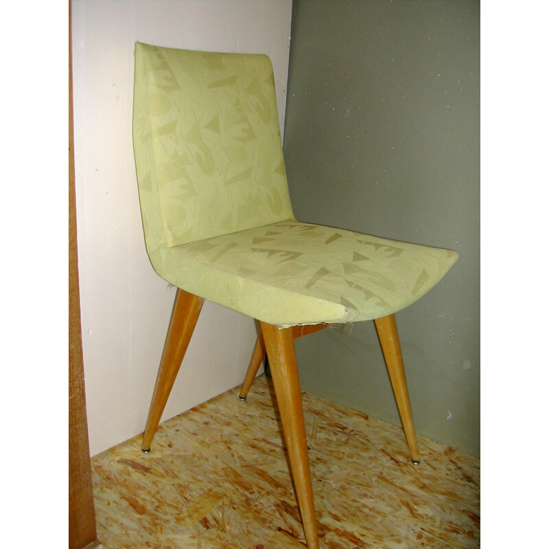 Suite de 5 chaises et 2 fauteuils en tissu et bois - 1950