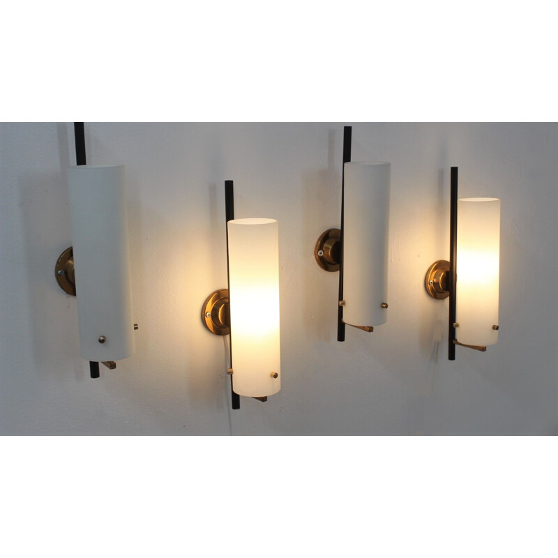 Set of 4 mid century Stilnovo opaline glass tube wall lamps