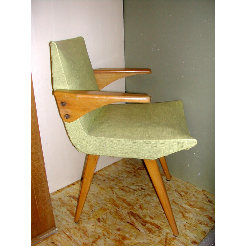 Suite de 5 chaises et 2 fauteuils en tissu et bois - 1950