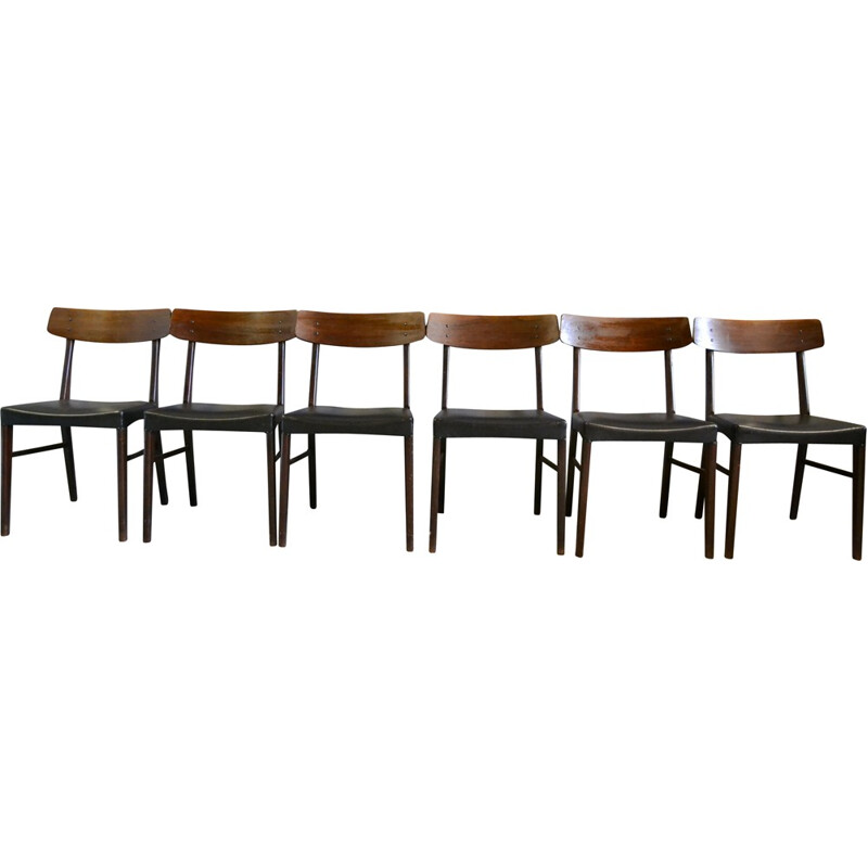 Set of 6 Danish dining chairs in rosewood and black leatherette - 1950s