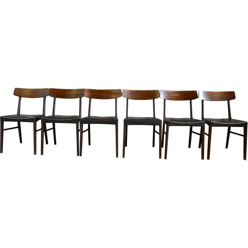 Suite de 6 chaises scandinave en palissandre et simili cuir noir - 1950