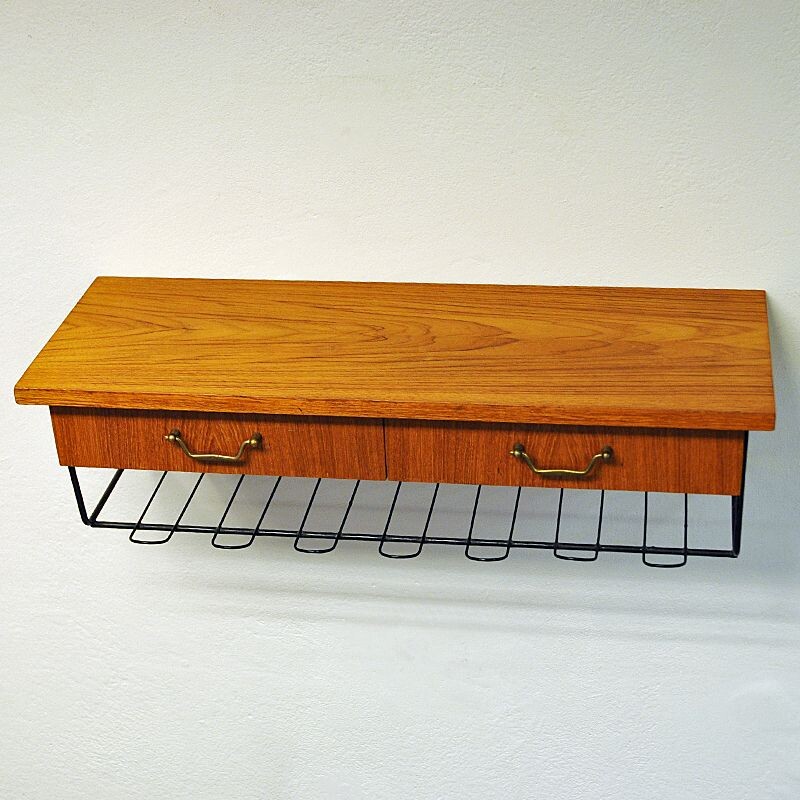 Vintage teak wall shelf with two drawers, Sweden 1950s